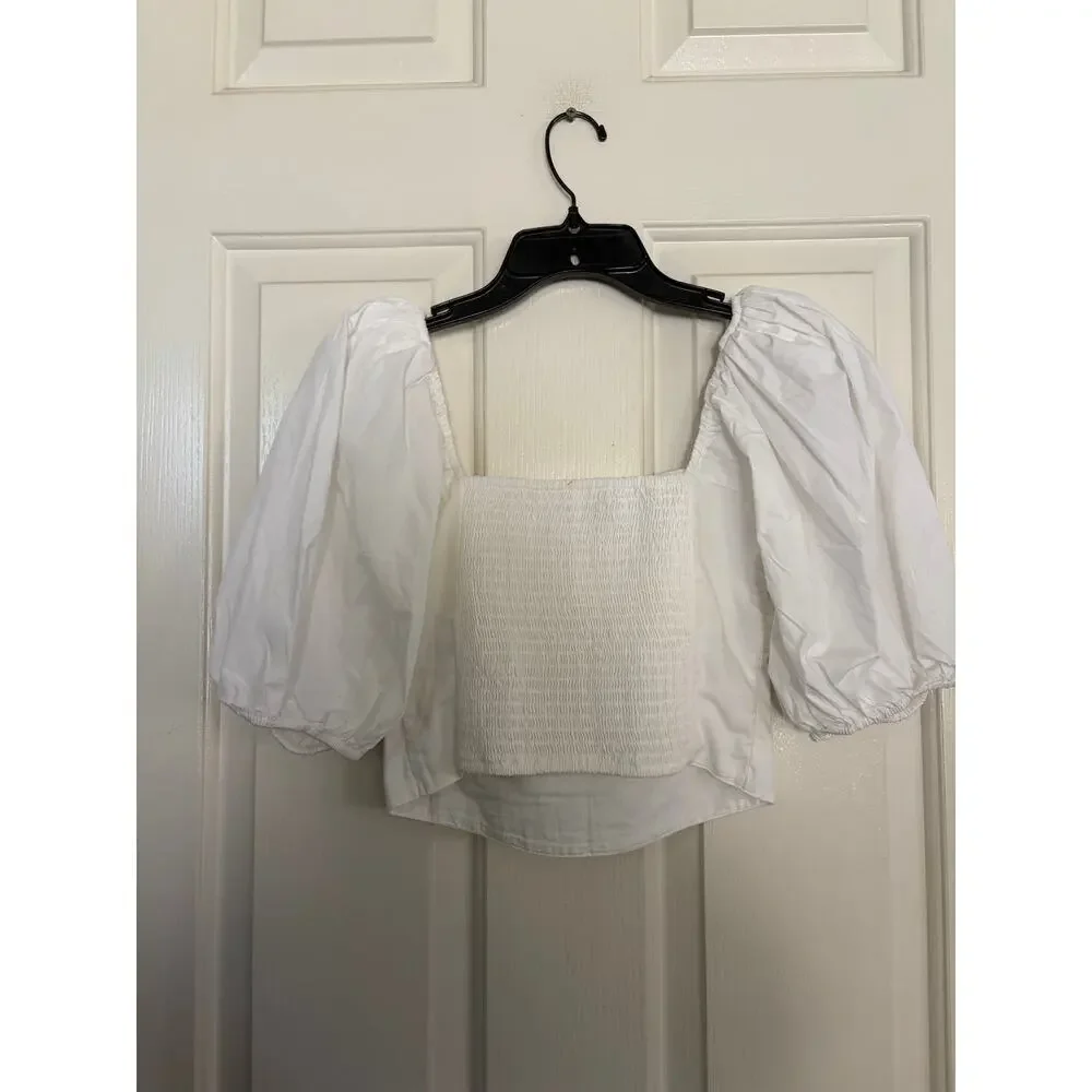 Abercrombie & Fitch Crop Top Square Neck Puff Sleeves White Size XS